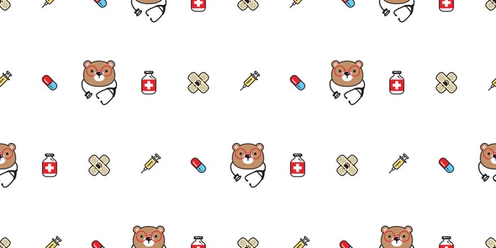 bear polar seamless pattern medicine doctor pills hospital capsule stethoscope cartoon teddy tile background gift wrapping paper repeat wallpaper scarf isolated doodle illustration design vector