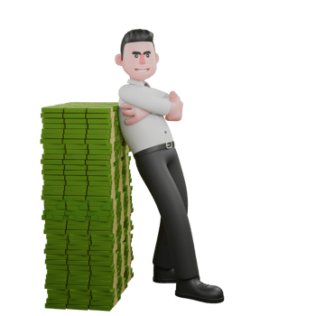 3D Male Businessman Character Strategy Illustrated. A male businessman is standing leaning on a pile of money while folding both his hands on his chest. Professional png
