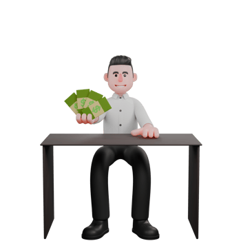 Strategy Businessman Cartoon Professional in 3D. A male businessman is sitting on his desk chair while his right hand is holding money arranged like a fan and his left hand is on the table. Male png