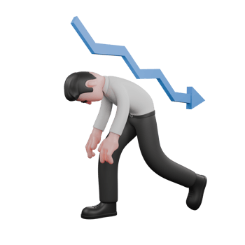 Male Businessman Character 3D Professional. A male businessman looks lethargic with a hunched body, carrying a desperate expression. Behind him, there is a blue arrow pointing down. Strategy Cartoon png