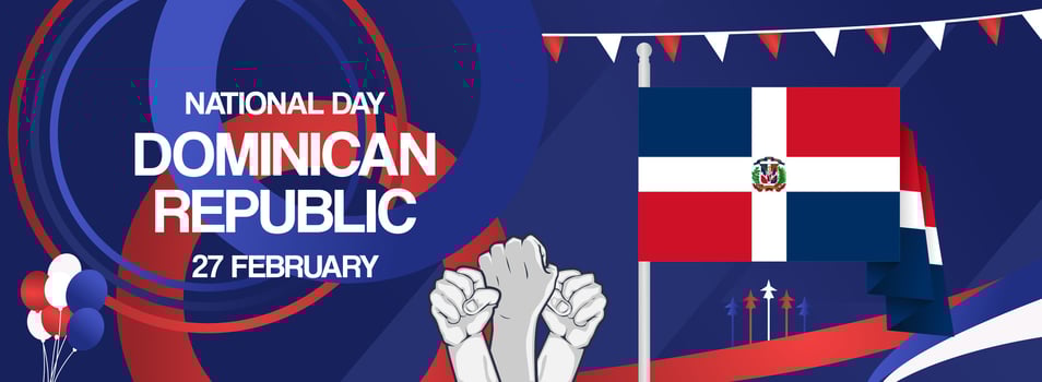 Blue banner with abstract shapes in the colors of the Dominican Republic flag to celebrate national days and other public holidays vector