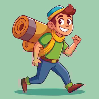 A cheerful young boy happily carrying a rolled-up mat while walking through a bright, playful environment during daytime vector