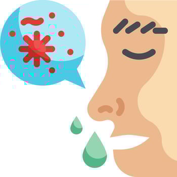 Illustration of a person with a cold and a speech bubble with a red and green virus vector