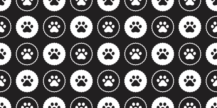 dog paw seamless pattern footprint polka dot cat kitten french bulldog puppy pet breed cartoon doodle gift wrapping paper tile background repeat wallpaper illustration design isolated vector