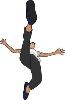 Man in mid air leap showcasing flexibility, agility, and athleticism. The low angle, looking up from below, accentuates the dramatic movement of the high kick and creates energy and motion. vector