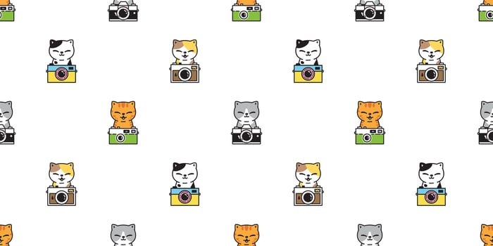 cat seamless pattern kitten film camera photographer calico neko cartoon character breed pet gift wrapping paper tile background repeat wallpaper animal doodle illustration scarf design isolate vector