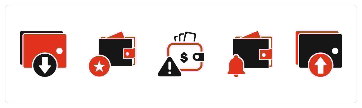 A set of 5 Business icons as download wallet, favorite wallet, wallet maintenance vector