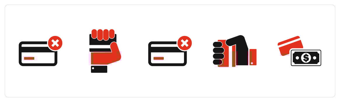 A set of 5 Business icons as expired credit card, card in hand, remove card vector