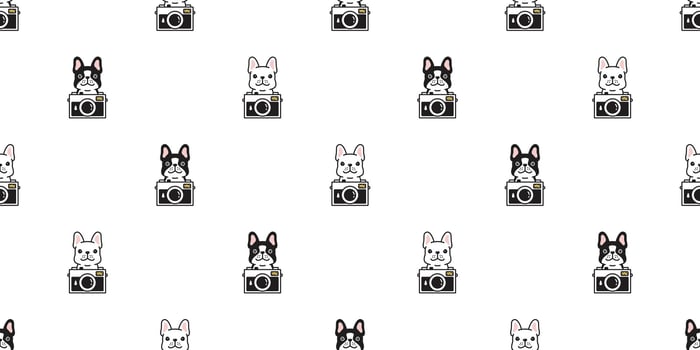 dog seamless pattern french bulldog film camera photographer cartoon footprint puppy paw pet bread doodle gift wrapping paper tile background repeat wallpaper scarf isolated illustration design vector