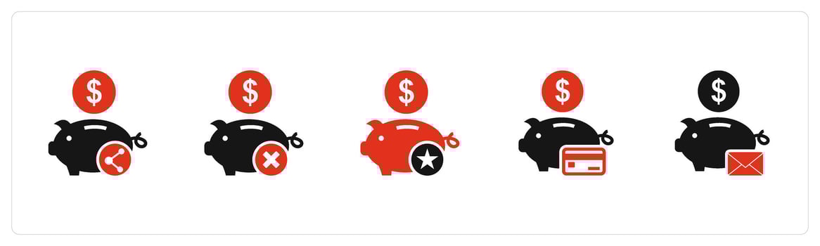 A set of 5 business icons as share savings, remove savings, favorite piggy bank vector