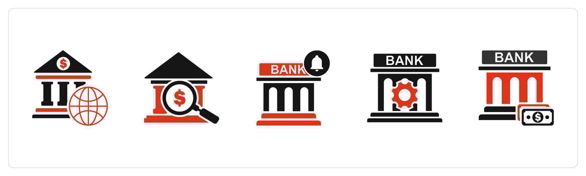 A set of 5 business icons as global banking, search bank, bank notification vector