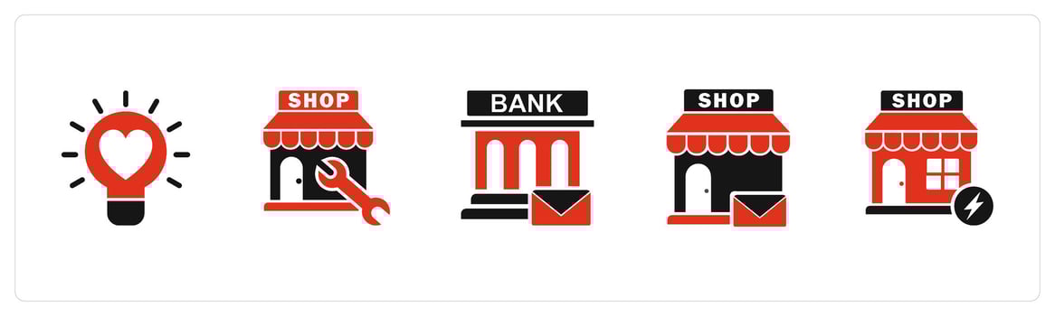 A set of 5 business icons as favorite idea, store repair, bank message vector