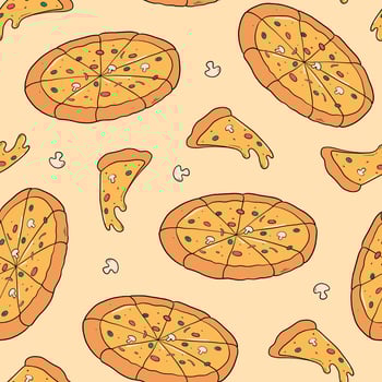 Pizza seamless pattern with doodles for prints, wallpaper, backgrounds, wrapping paper, textile, packaging, etc. EPS 10 vector