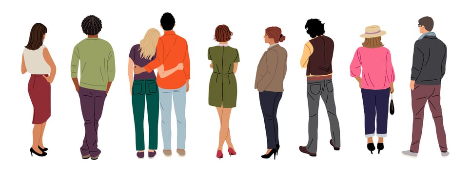 Different people standing rear view. Men, women in casual clothes turned back colorful illustrations isolated on white background vector