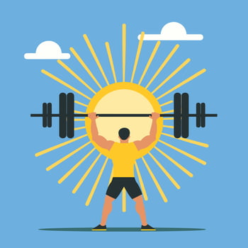 Person lifting barbell with sun rays vector