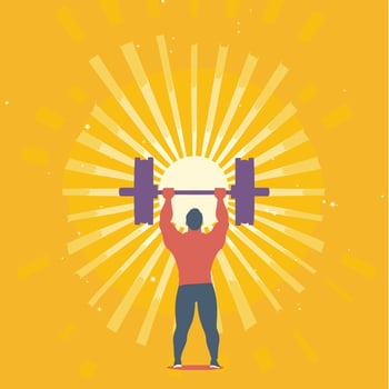 Person lifting barbell with sun rays vector