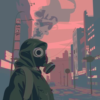 Person wearing a gas mask in a polluted city vector