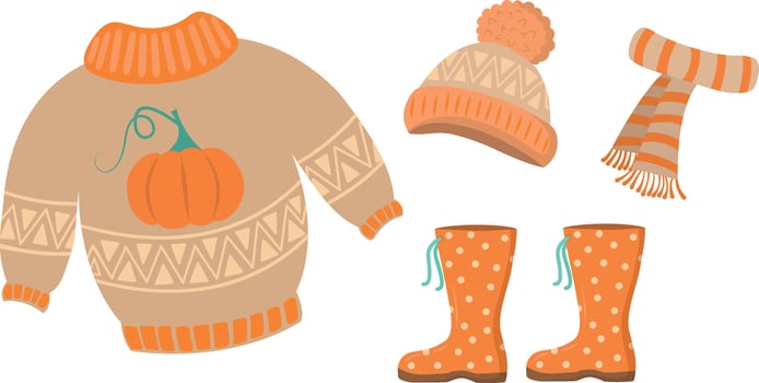 A set of autumn clothes, hand-painted hat, sweater, scarf, rubber boots. The concept of a seasonal poster, postcards, invitations, stickers vector