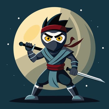 A ninja warrior stands poised with a sword under a glowing moon in a serene forest landscape during the night vector