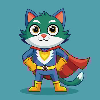 Superhero cat character in vibrant costume with cape standing confidently against a bright blue background vector