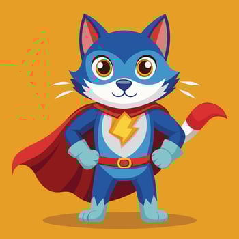 A cute cartoon superhero cat character stands proudly with a cape, wearing a vibrant outfit against a simplistic green background vector