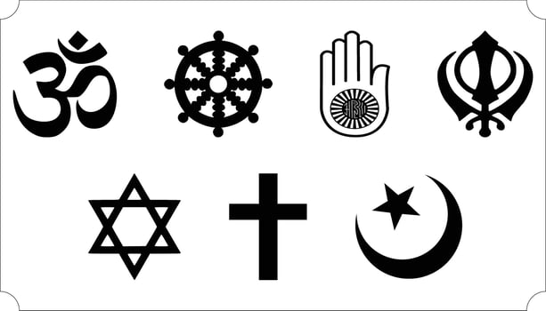 Religion Icons Set, Containing All Religion Icons Outlines. Christianity, Islam, Buddhism, Hinduism, Jainism, yin and yang, Shinto tori gate, Sikhism and swastik. Illustration Collection vector