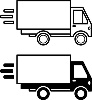 Truck icons. Black and White Icons of Fast Traveling Cargo Van. Express delivery. Transport Concept for Goods Transportation vector