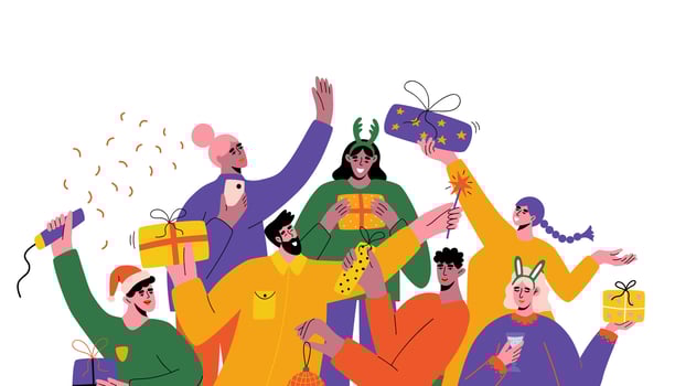 Christmas party illustration. Card of diverse people have fun and celebrate winter holidays. Design for poster, background, banner. vector