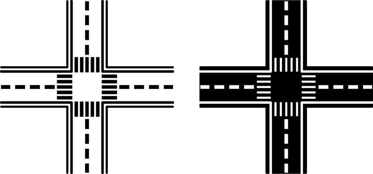 Intersection Icons. Black and White Icons. Highway Intersection and Pedestrian Crossings. Road Concept vector