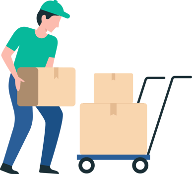 Efficient Box Handling with Trolley by Warehouse Staff. Warehouse Staff Moving Pallets. png