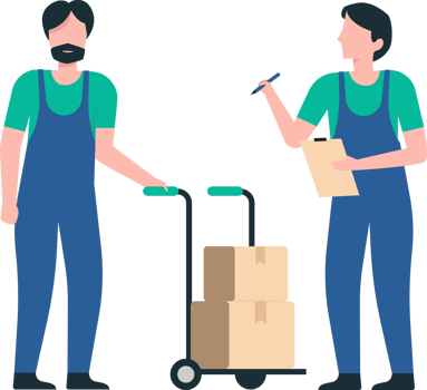 Efficient Warehouse Team Managing Stock and Handling Boxes. Employee Moving Boxes with Cart in a Logistics Warehouse. png