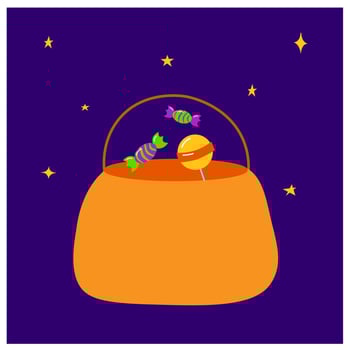 Halloween candies in pumpkin bag. Sweet lollipop candy treats for kids. Trick or treat in orange jack lantern basket, sweets and chocolate isolated children sweets cartoon illustration vector