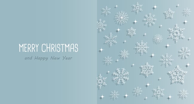 Christmas card template with snowflakes and stars with shadow on a blue background. Greeting card, winter illustration vector