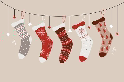 Set of Christmas socks hanging on a garland. Flat illustration vector