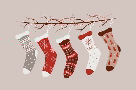 Set of Christmas socks on a branch with a garland. Flat illustration vector