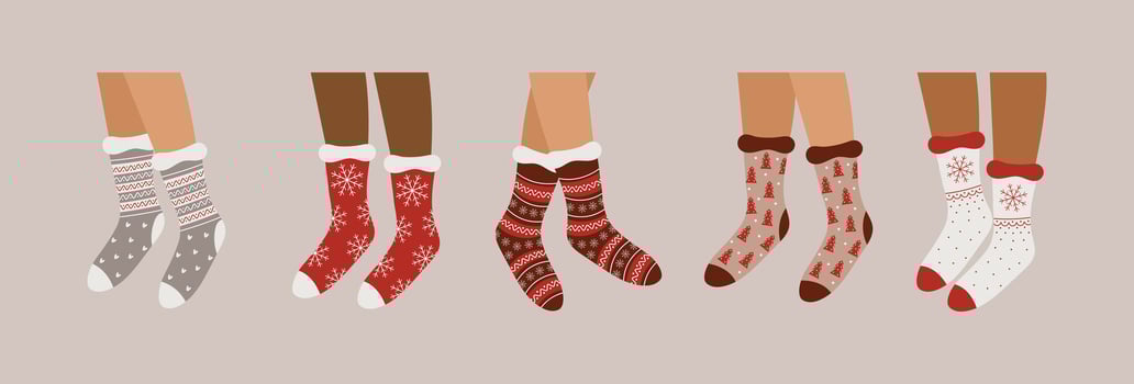 Set of Christmas socks on feet. Flat illustration vector