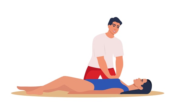 Beach lifeguard performs indirect heart massage to drowning woman rescued from the water. Emergency drowning assistance situation. Cardio Pulmonary Resuscitation. . vector
