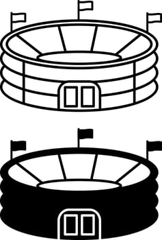 Stadium icons. Black and White Icons of Sports Stadium Building. Arena with Flags, Sports Complex. Architecture Concept vector