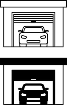 Garage icons. Black and White Icons of Garage Building with Car Inside. Real estate. Transport Concept vector