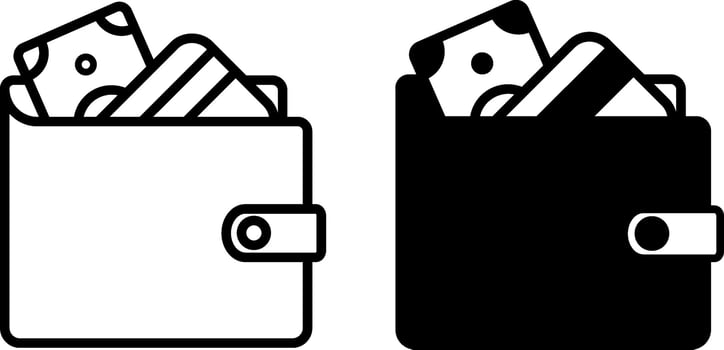 Wallet icons. Black and White Icons. Wallet with Money and Bank Card. Business and Finance Concept vector