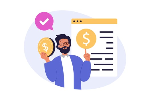 Business concept in modern flat design for web. Businessman planning tasks in checklist, setting financial goals, finding solution, developing company strategy with income growth. illustration. vector