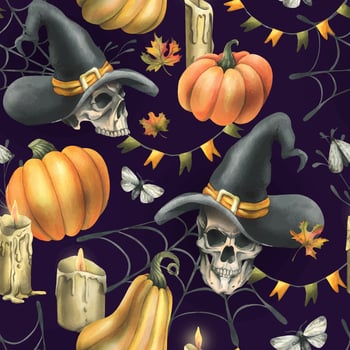 Human skulls in a black witch hat, orange pumpkins, cobwebs, candles and autumn maple leaves. Hand drawn watercolor illustration for Halloween. Seamless pattern on a white background vector