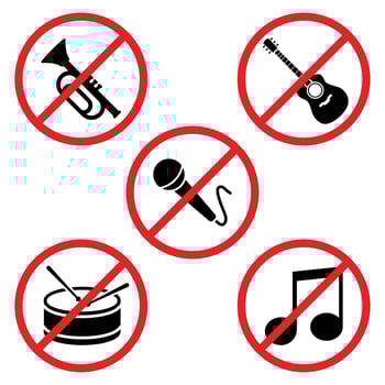 Collection of signs prohibiting music, prohibiting noise, prohibiting singing, etc. vector