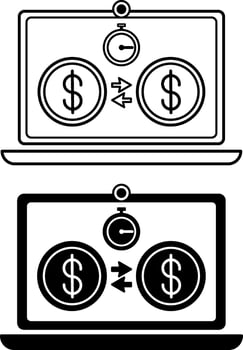 Financial Transaction Icons. Black and White Icons of Money Transaction, Laptop, and Stopwatch. Instant Money Transfer Online. Accounting Concept vector