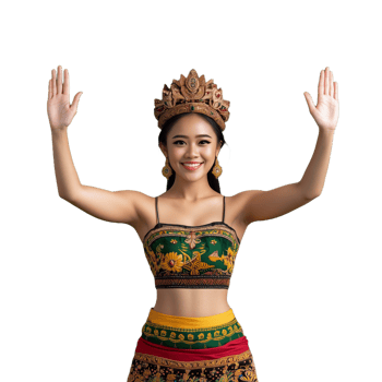 Woman in traditional Balinese dance costume with raised hands on transparent background png