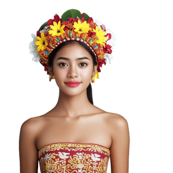 Woman with floral crown in traditional dress smiling on transparent background png