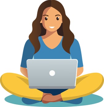 Young woman working remotely sitting cross legged using laptop vector