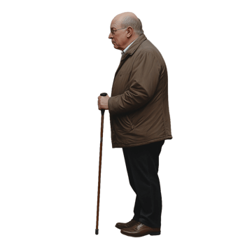 Elderly man in brown jacket with walking cane standing sideways on transparent background png