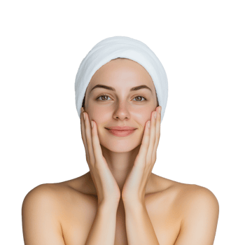 Woman wearing a white towel on head smiling, skincare routine concept on transparent background png