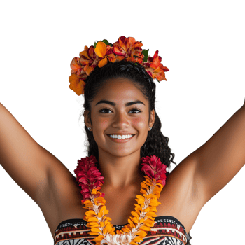 Smiling woman wearing traditional Hawaiian lei and floral headpiece on transparent background png